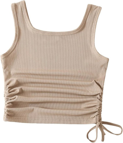 OYOANGLE Women's Ruched Drawstring Side Tank Top Square Neck Sleeveless Summer Crop Tops