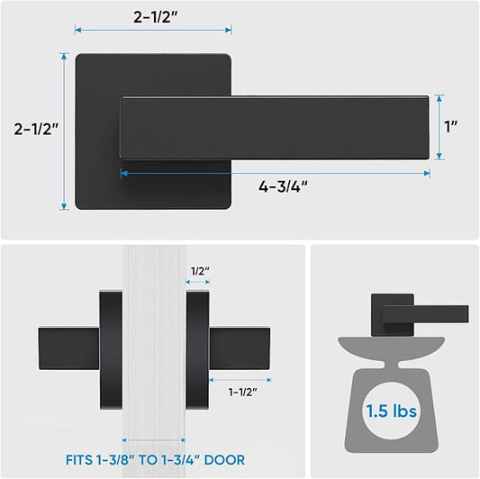 TICONN Dummy Door Handle, Heavy Duty Reversible Square Dummy Door Lever for Indoor, Bedroom, Closet (1 Pack, Front  Back Pair, Matte Black)