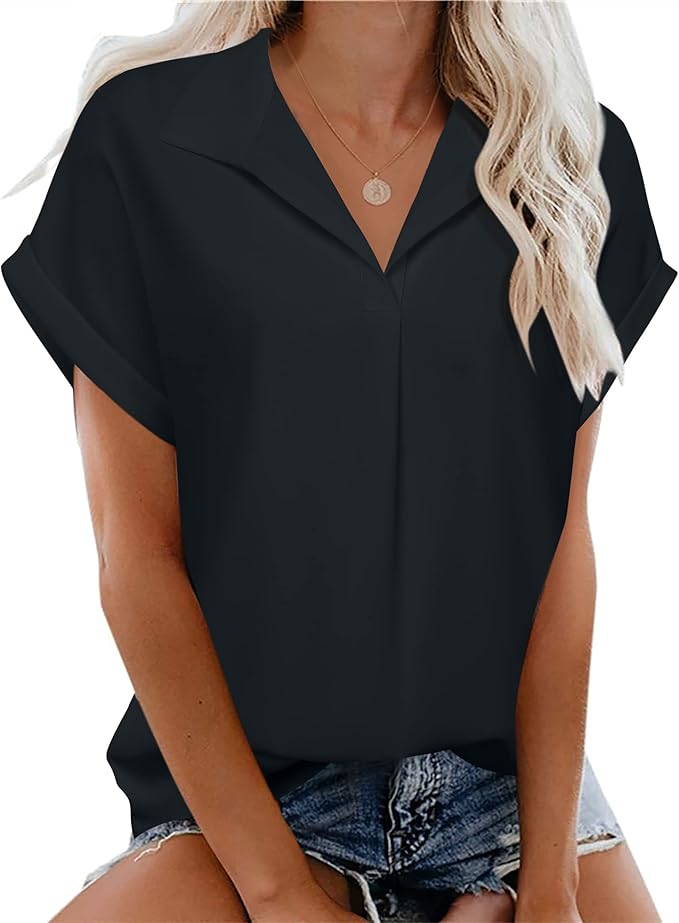 Timeson Women's Short Sleeve Chiffon Blouses for Office Work Business Attire Collared Shirts