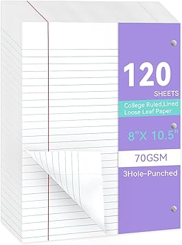 Loose Leaf Paper Wide Ruled Notebook Paper, 8" x 10.5" Lined Filler Paper for 3-Ring Binders, 3-Hole Punched Writing Paper-120 Sheets, White