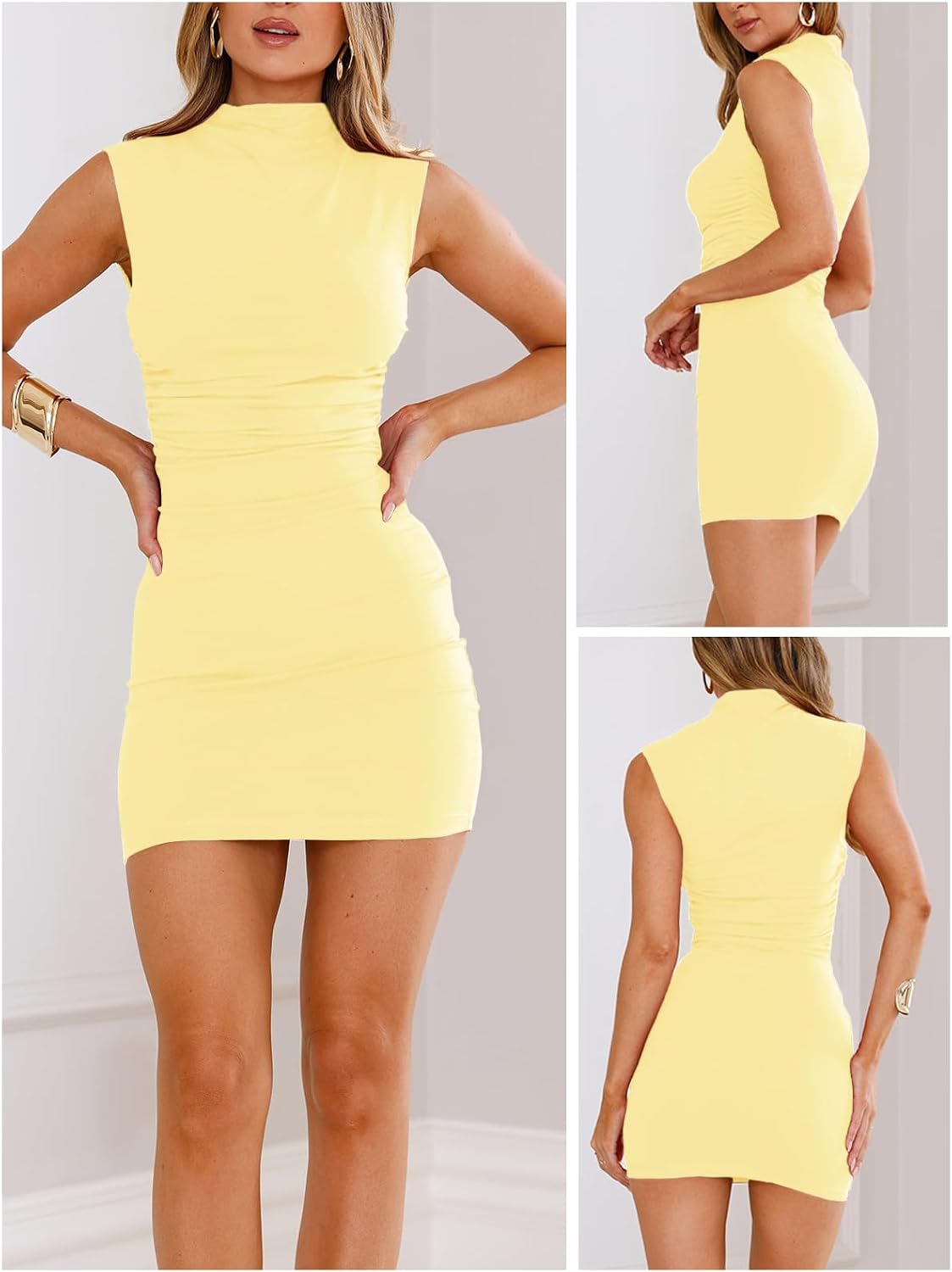 MIYIEONZ Women's Sexy Summer Casual Mock Neck Sleeveless Bodycon Dresses Ruched Turtleneck Cocktail Party Mini Dress