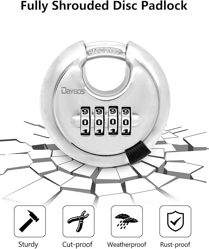 DAYGOS 4 Digit Combination Disc Padlock with Hardened Steel Keyless Heavy Duty Combo Lock for Sheds,Fence,Storage Unit,Trailer,Moving Cube(38-in Shackle)