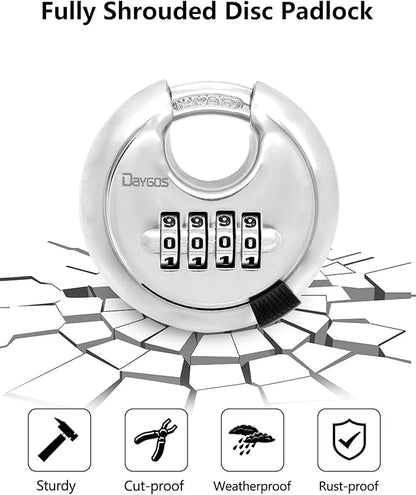 DAYGOS 4 Digit Combination Disc Padlock with Hardened Steel Keyless Heavy Duty Combo Lock for Sheds,Fence,Storage Unit,Trailer,Moving Cube(38-in Shackle)