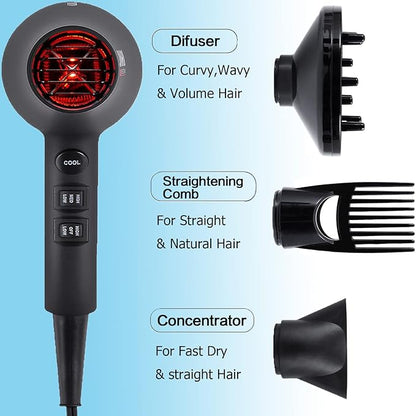 Infrared Hair Dryer, Professional Salon Negative Ionic Blow Dryers for Fast Drying, Pro Ion Quiet Hairdryer with Diffuser  Concentrator  Comb,Black