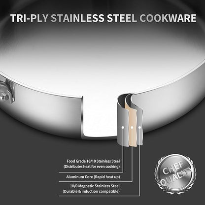 Tri-Ply Stainless Steel Saute Pan 6QT, 12 Inch Deep Frying Pan with Lids, 3-layer Saute Pan with Lid Large Skillet with Stay Cool Handle, Induction Pan, Dishwasher and Oven-Safe