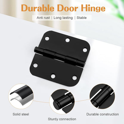 Probrico Interior Door Hinges Black, 3.5 X 3.5 Inch Door Hinges Rounded 5/8" Radius Corners, Black Hinges for Door Hardware, 12 Pack