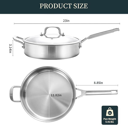 Tri-Ply Stainless Steel Saute Pan 6QT, 12 Inch Deep Frying Pan with Lids, 3-layer Saute Pan with Lid Large Skillet with Stay Cool Handle, Induction Pan, Dishwasher and Oven-Safe
