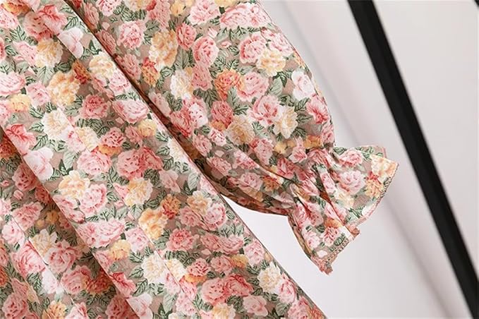 Women Casual Dress Long Sleeve Printed Floral Elastic Chest Lace Up A-Line Midi Chiffon Dresses