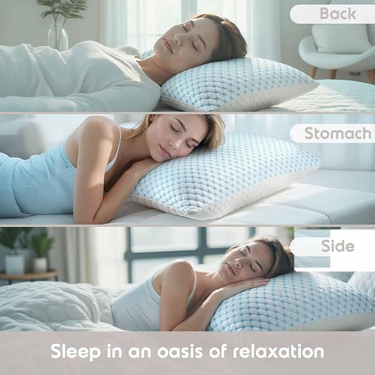 Nestl - Most refreshing pillow, memory foam pillow with silk and gel that reduces heat and humidity, adjustable, washable, Queen, 18 x 26 inches, 2 units