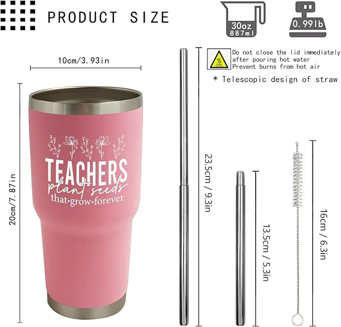 Teachers Plant Seeds That Grow Forever Tumbler 30 oz Tumbler Pink Tumblers with Lid and Straw Insulated Tumblers Stainless Steel Tumbler