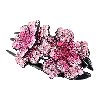 Double Flower Rhinestone Hair Clip Non-Slip Women Elegant Duckbill Clip Hair Dovetail Clips Hair Claw for Thick Long Hair Accessories(B)