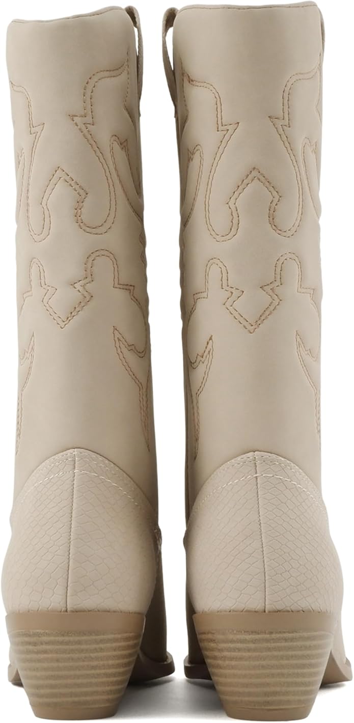 Soda TELLER  Women's Western Cowboy Boots with Stitched Detailing, Pointed Toe, and Low Block Heel