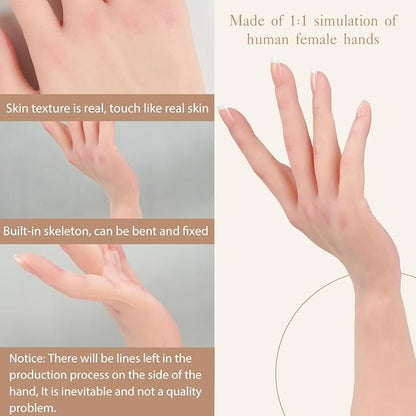 KUMIHO Realistic Silicone Female Hand Model Fake Hand for Jewelry Display Tattoo Training Practice Art Sketch with Nails, 1 Pair -with Skeleton