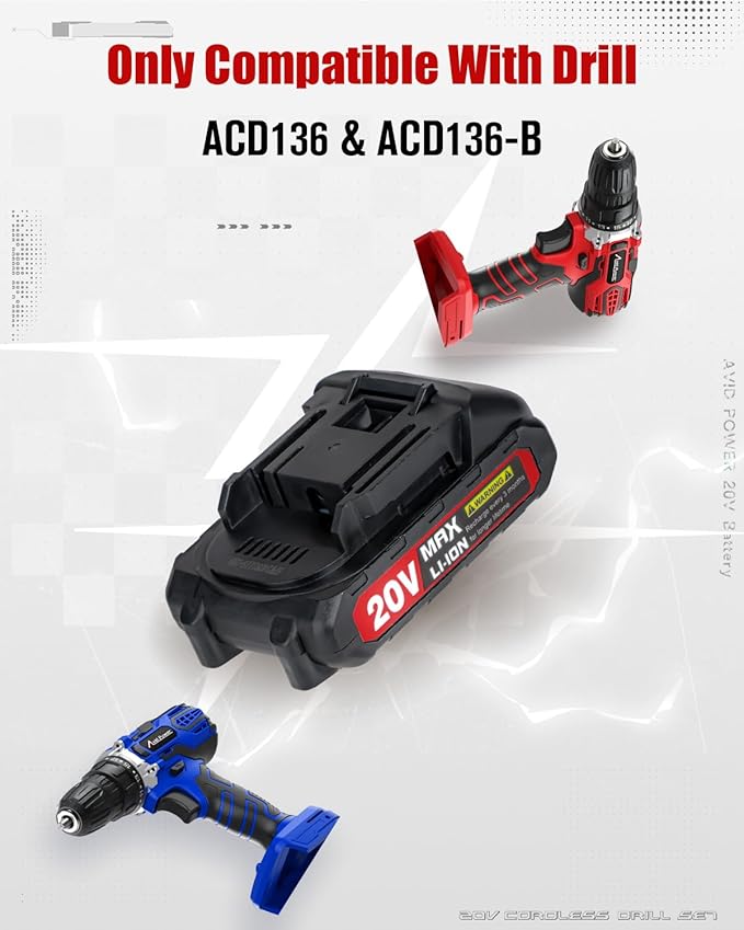 AVID POWER Rechargeable 20V lithium-ion battery MAX 1.5 Ah with real-time capacity indicator, only compatible with 20V cordless drill - ACD136