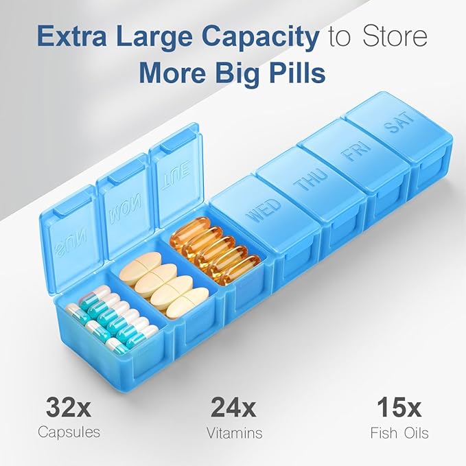Extra Large Pill Organizer Weekly, KAPENS Daily Pill Case Box Large Capacity Compartments, 7 Day Pill Containers for Medicine Supplements Vitamin Fish Oil, Blue