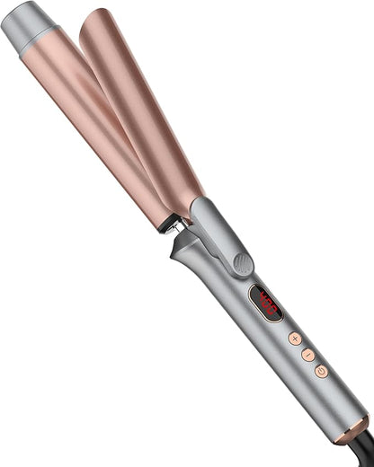 1 14 Inch Tourmaline Ceramic Curling Iron with LCD Display, Dual Voltage for Long Hair, Includes Glove, Comb, Clips and Pad