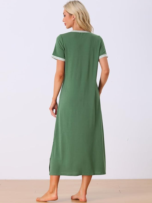 cheibear Women V Neck Nightshirt Long Basic Slit Nightgown Big Pockets Short Sleeve Sleepshirt