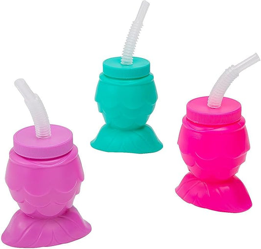 Fun Express Mermaid Cups with Lids  Straws - 12 Pc