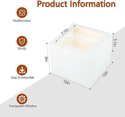 Yeplan 10 Packs Tall Cake Boxes and Cake Boards,10x10x8 inches Bakery Boxes with Window,White Multi-Layer Cake Containers for Birthday,Wedding,Thanksgiving Day