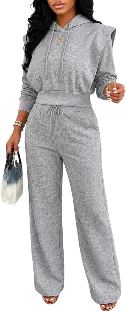 CHICME Womens 2 Piece Outfits Cropped Long Sleeve Hoodie and Wide Leg Sweatpants Set Fall Fashion Sweatsuit Tracksuit.