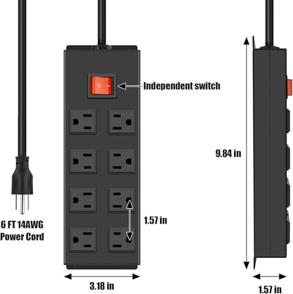 Metal Magnetic Power Strip, 8 Outlet Mountable Socket, Wall Mount Heavy Duty Surge Protector, Catering for Your Every Need, Gaming Table Outlet with 6 FT Power Cord.(Black)