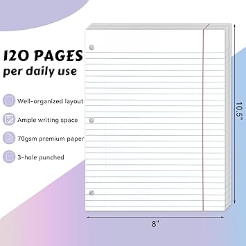 Loose Leaf Paper Wide Ruled Notebook Paper, 8" x 10.5" Lined Filler Paper for 3-Ring Binders, 3-Hole Punched Writing Paper-120 Sheets, White