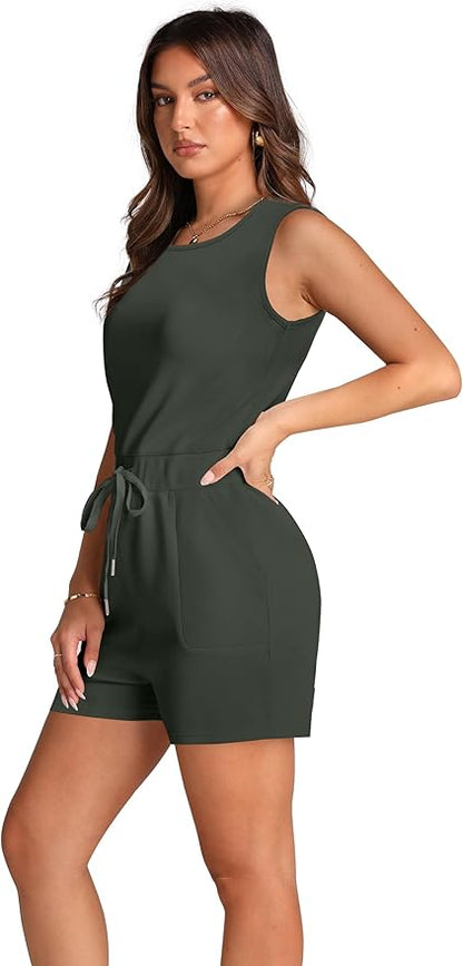 XIEERDUO Rompers For Women 2024 Spring Summer Vacation Outfits Sleeveless Shorts Jumpers Flowy Cute Lounge Clothes