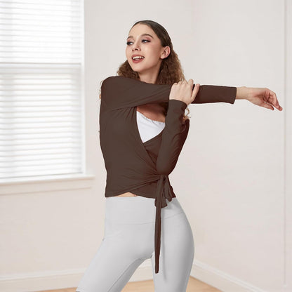 Women Wrap Tie Top Y2k Long SLeeve Ballet Workout Yoga Shirt Coquette Blouses.