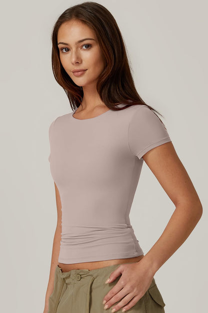 QINSEN Women's Crew Neck Short Sleeve Tees Double Lined Slim Fit T Shirt Basic Y2K Tops