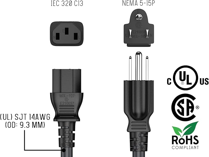 CableLeader 7ft 14 AWG Universal Power Cord IEC320 C13 to NEMA 5-15P, Extension Power Cord, Compatible with Computers, Monitors, Printers & TVs, Black, Pack of 1