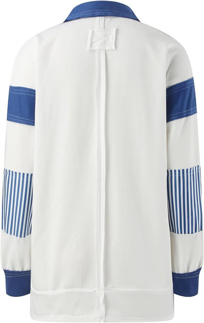 Womens Oversized Patchwork Striped Sweatshirts V Neck Loose Colorblock Long Sleeve Pullover Casual Polo Shirts