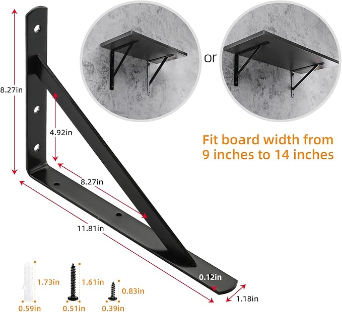 12"x 8" Heavy Duty Shelf Brackets, Load Capacity: 600 lb, 90 Degree Black Metal Supports for Shelves 2-Pack, Wall Mounted L Bracket for Floating Shelving with Screws, HOME MASTER HARDWARE