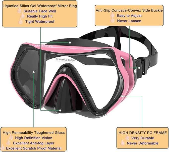 WACOOL Professional Snorkeling Snorkel Diving Scuba Package Set with Anti-Fog Coated Glass Purge Valve and Anti-Splash Silicon Mouth Piece for Men Women (Kids,Pink)