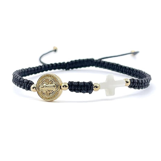 Hand-Woven Thread Bracelet for Women with St. Benedict Medal and Small Nacre Cross - Adjustable Size and Perfect for Women (Black)