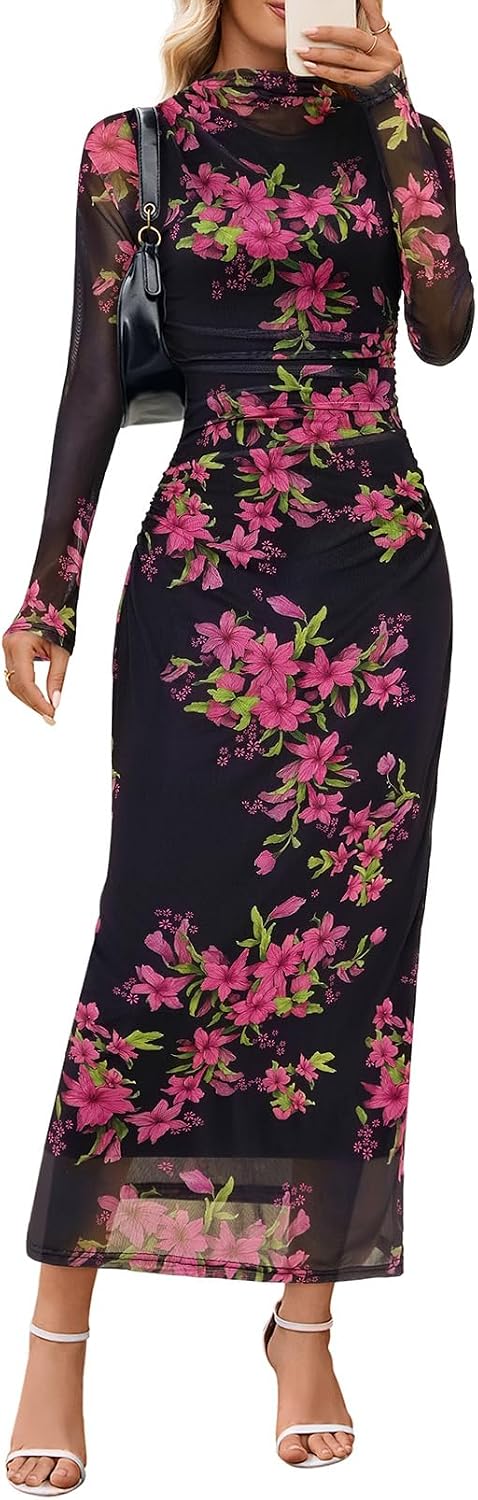 MEROKEETY Women's Spring Wedding Guest Dress 2026 Long Sleeve Bodycon Floral Mesh Fall Cocktail Holiday Party Maxi Dresses