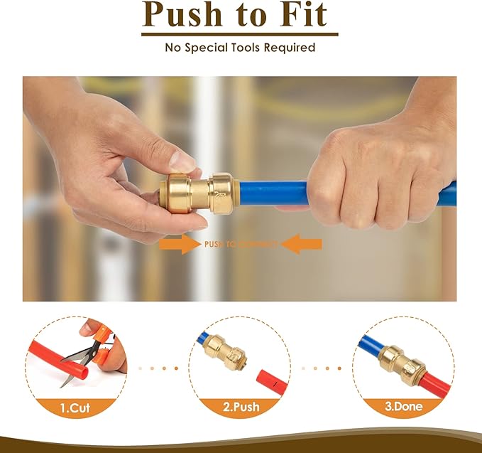 1/2" Pushfit Straing Coupling, Push Fit Pex Fitting for Copper, CPVC Pipe, Brass Push to Connect Plumbing Fitting with Upgraded Stiffener (1 Pack)