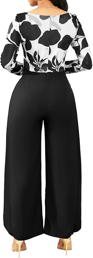 Casual Floral Jumpsuit for Women Dressy Elegant Scoop Neck Long Sleeve Long Pants Cocktail Party Rompers