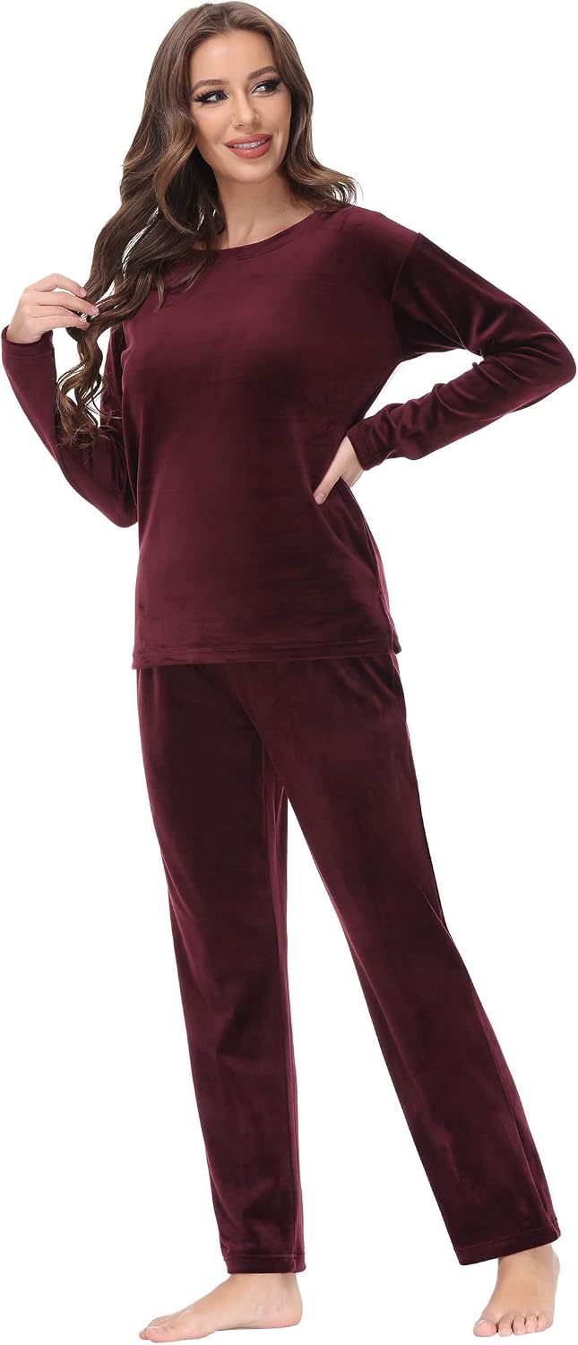 COZZIPLUS Women Velour Sweatsuits Sets Lounge Set 2 Piece Sweatsuit Crew Neck Sweatshirt and Sweatpant Velvet Jogging Suit
