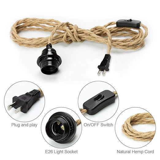 Industrial 15ft Pendant Lights - Hanging Light Kit with Switch Plug in Vintage Fabric Lamp with Twisted Hemp Rope Pendant Lights Socket Set E26 E27 for Pendant Lamp Farmhouse Lamp Cable DIY