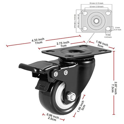 2" Caster Wheels, Heavy Duty Casters with Brake Set of 4, Locking Casters with 360 Degree No Noise Polyurethane (PU) Wheels, Swivel Plate Castors Pack of 4