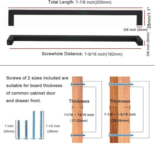 KOOFIZO Solid Square Bar Cabinet Handle - Black Furniture Pull, 7.6 Inch192mm Screwhole Distance, Pack of 5 for Kitchen Cupboard Door, Bedroom Dresser Drawer, Bathroom Wardrobe Hardware
