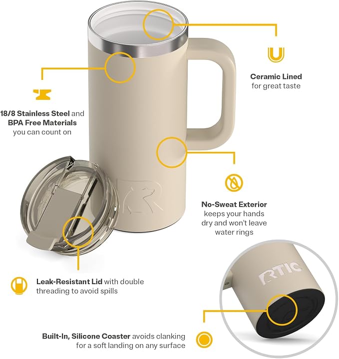 RTIC 16oz Road Trip Travel Mug with Lid and Handle, Ceramic Lined, Insulated, Stainless Steel, Metal, Double Wall Vacuum-Insulation, Portable Coffee, Tea Cup for Hot and Cold Drink, Orchid