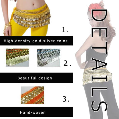 Women Belly Dance Hip Scarf Belly Dancing Multi-Row Gold Coin Belt Dancing Wrap Skirts