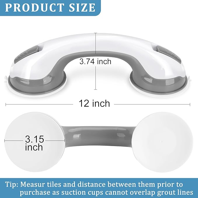 Shower Handle 2 Packs Grab Bars for Bathtubs  Showers, 12 inch Grab Bars for Bathroom with Strong Hold Suction Cup, Balance Bar Safety Hand Rail for Injury, Senior, Elderly Grey