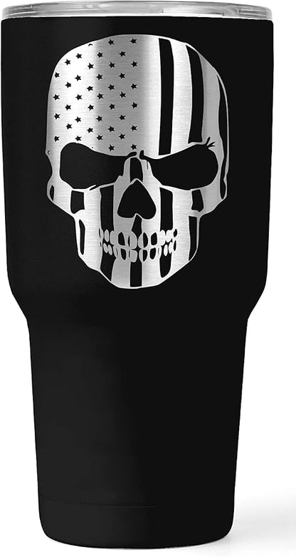 American Flag Skull 30oz Patriotic Tumbler - American Flag Tumbler Travel Mug - Patriotic Coffee Travel Mug - Double Insulated 30oz Tumbler - Engraved in the USA - (Skull Flag)