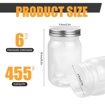 16 oz Clear Plastic Mason Jars with Metal Lids, 6 Pack