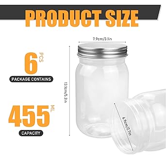 6 Pack 16 Ounce Clear Plastic Mason Jars Containers With Screw Sealing Metal Tinplate Lids,Refillable Empty PET Plastic Slime Candy Storage Jars Containers for Home Kitchen Art Craft