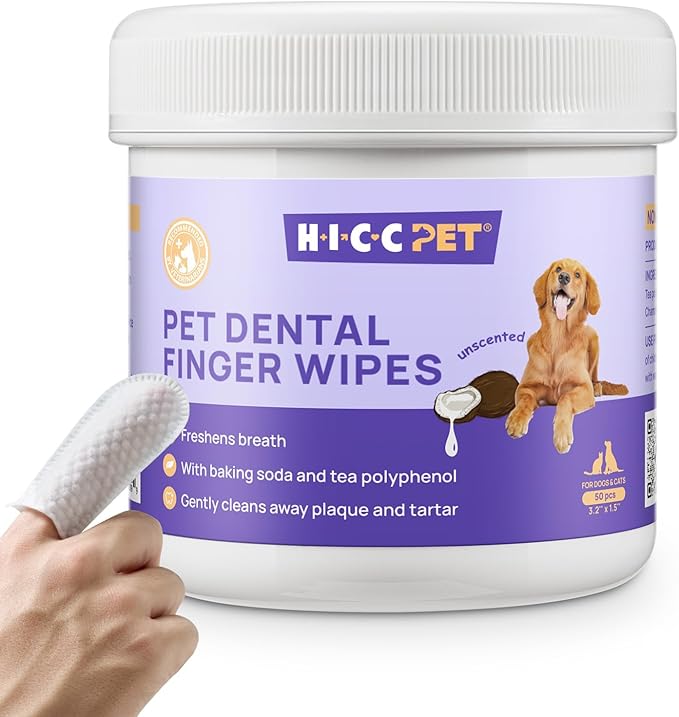 HICC PET Teeth Cleaning Wipes for Dogs  Cats, Remove Bad Breath by Removing Plaque and Tartar Buildup No-Rinse Dog Finger Toothbrush, Disposable Gentle Cleaning  Gum Care Pet Wipes, 50 Counts