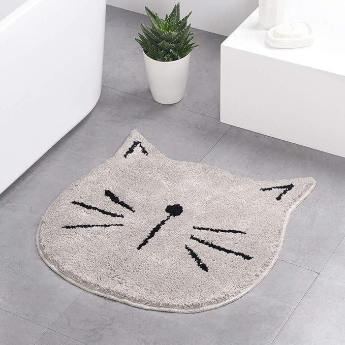 HelloTree Cat Design Bath Mat, Non-Slip, Soft, Washable, Absorbent, Fun Absorbent Mat for Kids, for Living Room, Bedroom, Bathroom, 23.6 x 23.6 inches, Gray