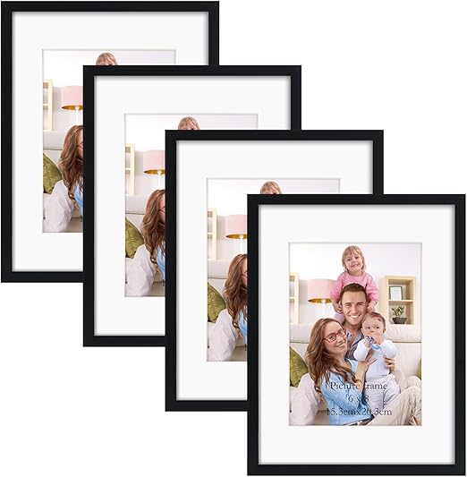 Giftgarden Black 8.5x11 Picture Frame Set of 4, Matted to 6x8 Picture or 8.5 x 11 Inch Certificate Award Document Without Mat, Wall and Tabletop Display